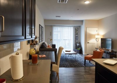 An open-concept apartment interior at The Winston at Lyndhurst Apartments, featuring a kitchen with cabinetry, a living room with furniture, and a private balcony.