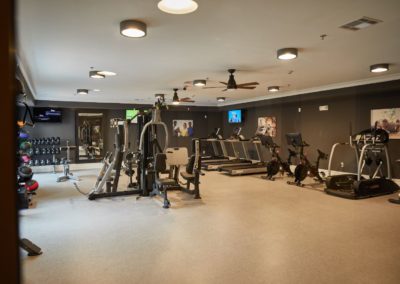 State-of-the-art fitness center at The Winston at Lyndhurst Apartments, featuring a variety of workout equipment, including treadmills, stationary bikes, strength training machines, free weights, medicine balls, and large screen TVs.